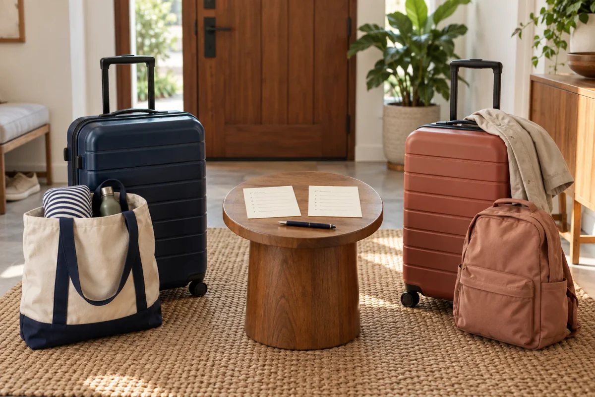 AI illustration: Two household luggage groups and destination planning cards